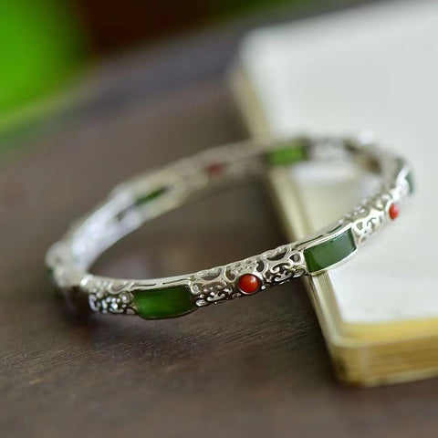 18608 Gelang Filigree Jasper Alami 925 Perak Tatahan Giok Giok bersih, halus dan hangat, gaya yang indah.