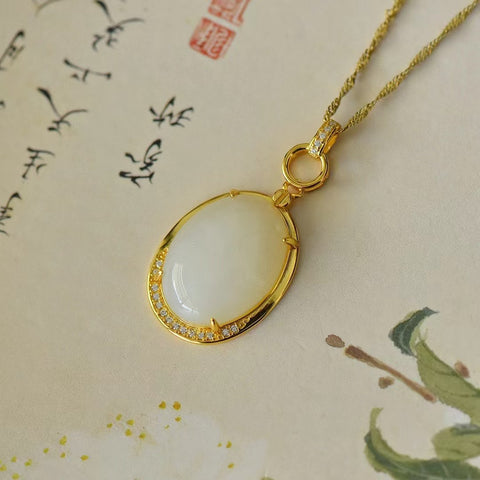 3349-2T Set Kalung Telur Giok Hetian Alami dari Perak 925 Ukuran 15 * 20mm Giok bersih, halus dan hangat, dan gayanya baru dan unik.