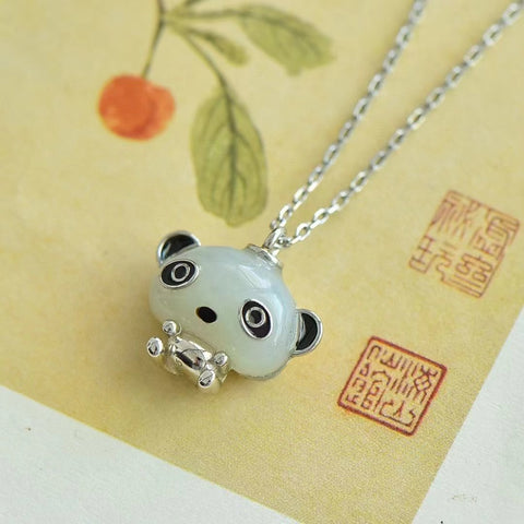 6005-6 Kalung Panda Raksasa Giok Hetian Giok yang indah Giok yang halus dan hangat, terbuat dari perak 925, gaya yang indah, sudah termasuk pajak pengiriman.
