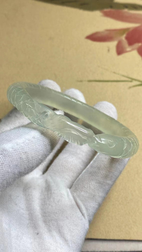 Gelang Bunga Ukiran Jenis Es Giok Cui Giok Alami Ukuran 58-60mm Ukuran 59.6mm Lebar Sisi 11mm Giok terjadi secara alami Pola acak Pajak Pengiriman Termasuk