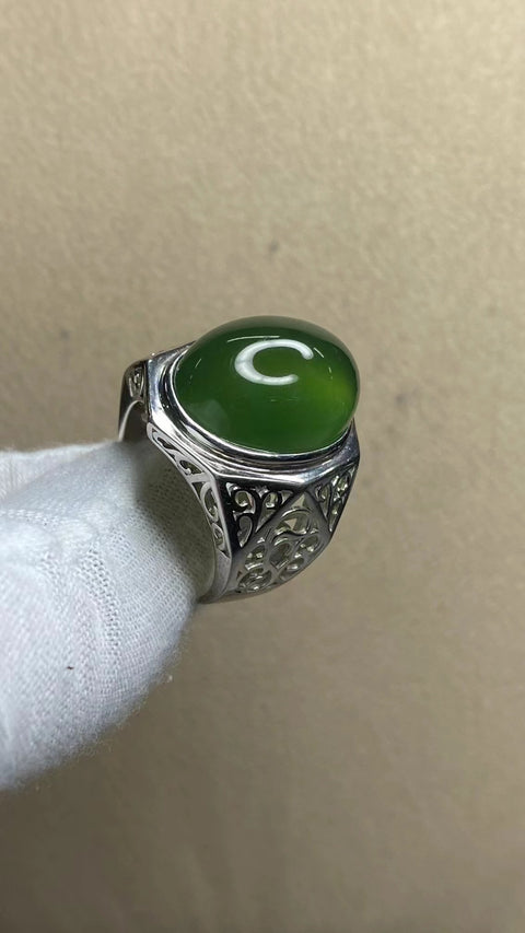 Cincin pria dari bahan Giok Alam 180 dengan warna perak 925 Ukuran 15 * 20mm Bezel yang dapat disesuaikan Sudah termasuk pajak pengiriman