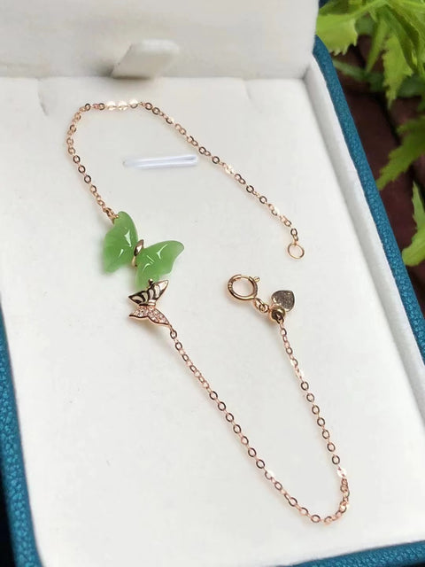 Gelang Kupu-kupu Hijau Apel Hetian Jasper Gelang Emas 18k Pengaturan Emas Giok bersih dan halus dan hangat Ukuran 12 * 10 * 3.5mm Termasuk Pajak Pengiriman