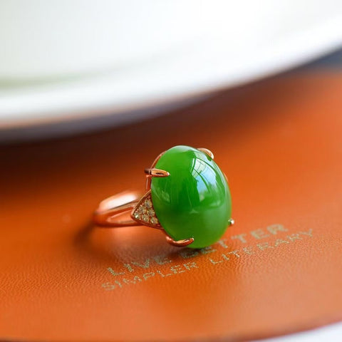11008-1 Cincin Telur Jasper Alami yang terbuat dari perak 925; Giok yang halus dan hangat, dengan gaya yang indah.