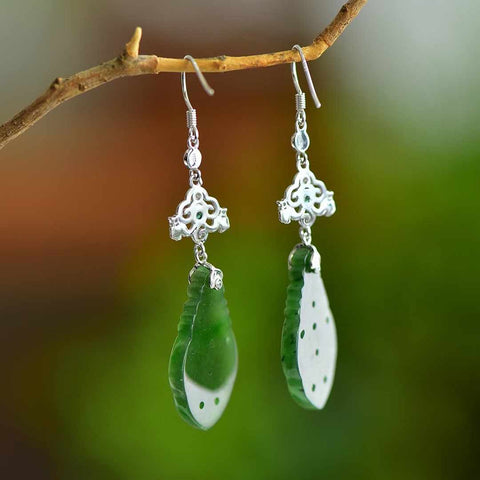 🍃🍃12337# Anting giok jasper Hetian dengan tatahan perak 925 ukiran, plakat bunga berbentuk khusus, ukuran 17 x 29mm, sudah termasuk ongkos kirim dan pajak