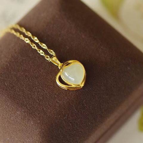 3421-2 Set Kalung Kalung Hati Giok Hetian Alami dari Perak 925. Gayanya unik dan menarik, sudah termasuk ongkos kirim dan pajak.