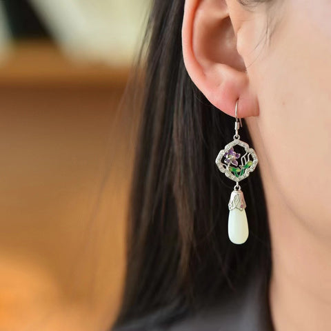Anting Anggrek Anggrek Tetes Enamel Giok Hetian Giok Alami Gaya Cina 925 Pengaturan Perak Giok bersih, halus dan hangat Gaya sudah termasuk pajak pengiriman