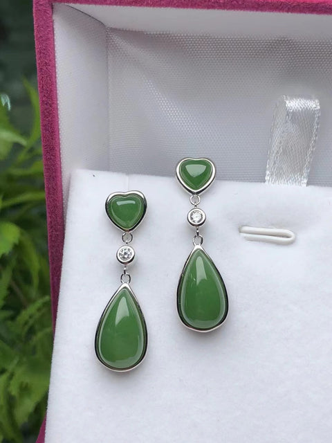 Anting-anting Jatuhkan Hati Giok Hotan Giok Jasper 925 Desain Tatahan Perak Ukuran 14 * 8mm Giok bersih, halus dan hangat Sudah termasuk pajak pengiriman.
