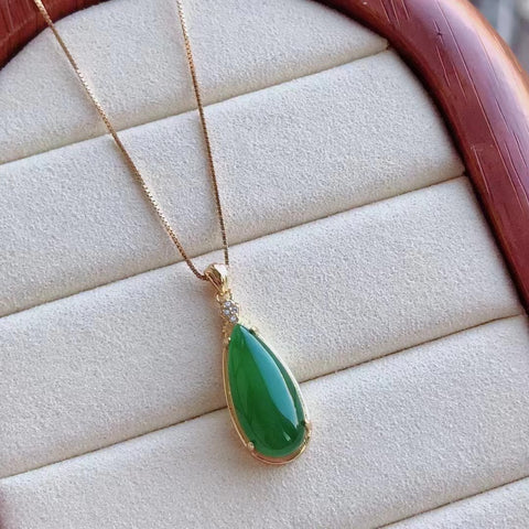 Kalung Giok Jasper Alami 925 Pengaturan Perak Berwarna Giok bersih dan halus Ukuran 9 * 18mm Termasuk Pajak Pengiriman