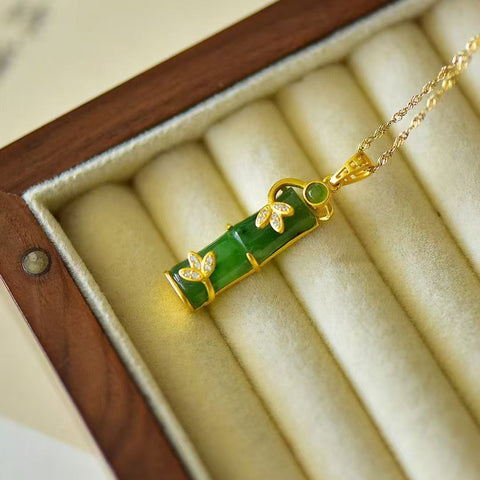 10863-2 Kalung Zirkonia Bambu Jasper Alami 925 Pengaturan Perak Ukuran 8 * 23mm Giok adalah gaya yang halus dan hangat, indah.