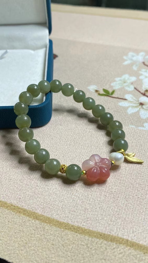 Gelang Jasper Alami dengan Mutiara dan Giok Merah Ukuran 8mm yang halus dan hangat, gaya yang indah, sudah termasuk pajak pengiriman.