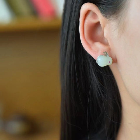 7698 Anting Kelinci Giok Hetian Giok Alami 925 Tatahan Perak Ukuran 10 * 13mm Gaya Giok Elegan Bersih & Bersih; Sudah Termasuk Pajak Pengiriman