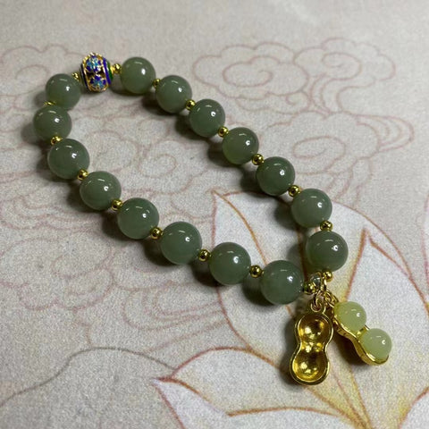 Gelang Kacang Giok Hetian Jade yang alami dan indah dengan gaya 9mm Termasuk pajak pengiriman