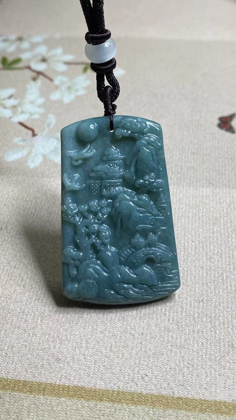 Liontin Lanskap Jadeite Alami Giok yang diukir dengan tangan halus dan hangat Ukuran 50 * 32mm Sudah termasuk pajak pengiriman