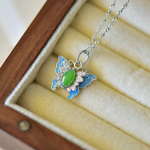 10848 Set Kalung Kupu-kupu Enamel Jasper Alami dari Giok Perak 925 bersih dan halus Gaya asli dan unik Termasuk pajak pengiriman