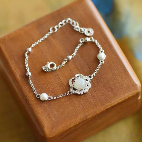 6004 Gelang Satu Sisi Giok Hetian Alami dengan Mutiara yang terbuat dari 925 Giok Perak yang bersih, halus, dan hangat Termasuk ongkos kirim dan pajak