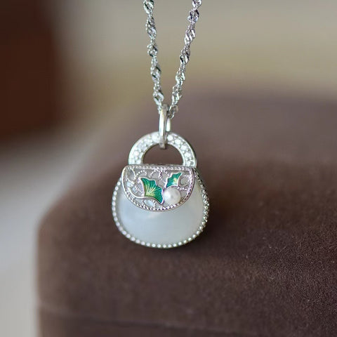 3322-2T Kalung Tas Enamel Giok Hetian Giok Alami Dengan Mutiara 925 Pengaturan Perak Ukuran 10 * 12mm Giok bersih dan halus serta hangat Sudah termasuk pajak pengiriman