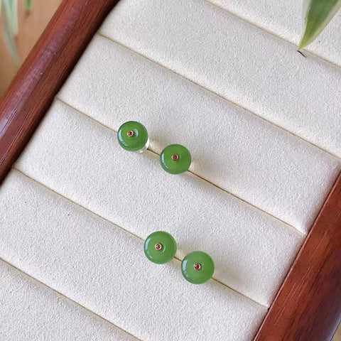 Anting Pejantan Bahan Jasper Old Pit Alami Pengaturan Emas 18k Ukuran 7mm Giok bersih dan halus dan hangat; Termasuk Pajak Pengiriman
