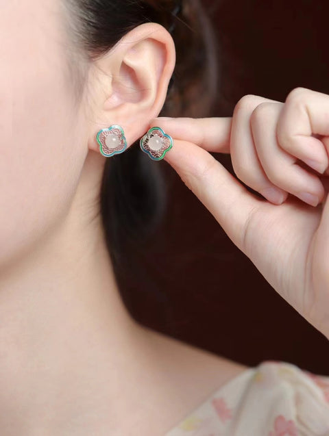 Anting-anting semanggi bambu giok empat daun dengan enamel 925 perak Giok bersih, halus dan hangat Sudah termasuk pajak pengiriman
