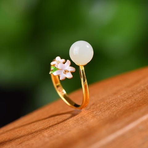 Cincin Perak Sterling S925 dengan Manik-manik Giok Hetian 8mm dan Enamel - 9034Q-2# Ukuran batu 8×8mm, gratis ongkos kirim dan pajak.