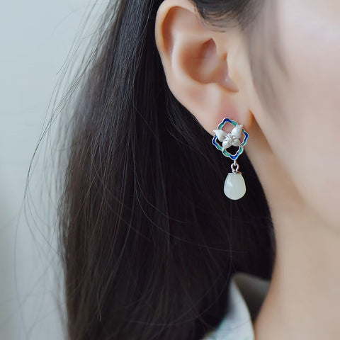 Anting Perak S925 dengan Batu Giok Hetian berbentuk tetesan air & hiasan kupu-kupu enamel 🦋, 8×9 5072-9# | 5072-8# Gratis ongkos kirim dan pajak.