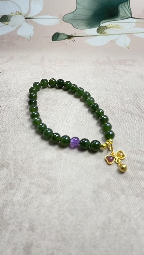 Gelang giok Hetian – nefrit yang indah, dipadukan dengan aksesoris perak yang indah – Ukuran: 6mm, gratis ongkos kirim dan pajak.