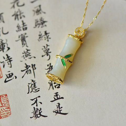 3429-2 Kalung Enamel Bambu Giok Hetian Giok Alami yang terbuat dari perak 925 Ukuran 9 * 27mm Giok halus dan hangat Termasuk pajak pengiriman