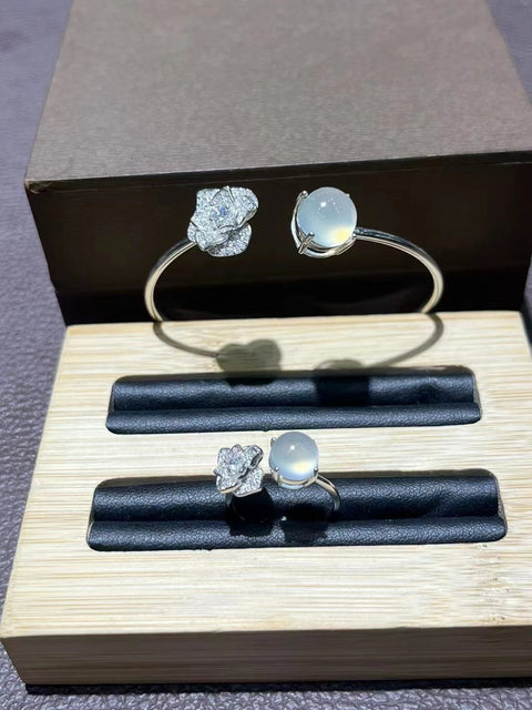 Gelang + Cincin Set Batu Giok Alam dengan bahan 925 Perak.