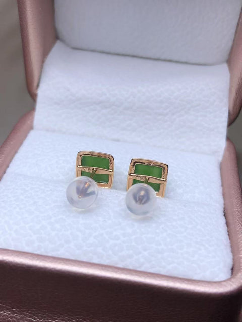 Anting-anting Pejantan Persegi Jasper Alami dalam Pengaturan Emas 18k Ukuran 6 * 4mm & nbsp; Giok itu halus dan hangat Termasuk ongkos kirim dan pajak