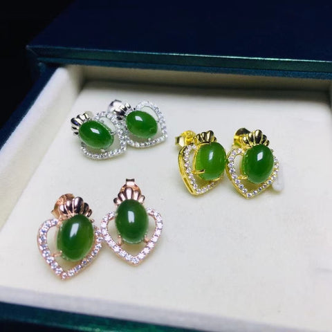 Anting Giok Hetian Alami 925 Pengaturan Perak Ukuran 6 * 8mm Giok bersih dan halus, hangat dan bergaya Termasuk pajak pengiriman.