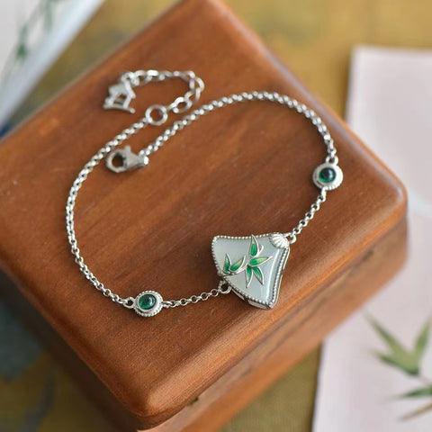 6036 Set Gelang Enamel Lingshu Bergigi Giok Hetian Giok Alami dalam Gaya Perak 925 Termasuk pajak pengiriman