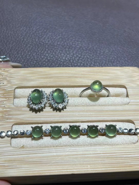 Set Giok Alami & 925 Anting Perak + Cincin + Gelang Giok bersih, halus dan hangat, gaya yang indah, sudah termasuk pajak pengiriman.