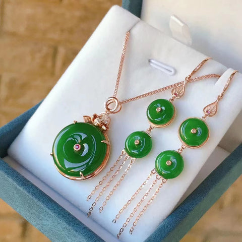 Jasper - Set Gesper Perdamaian Jasper Rusia bahan lama pirus pirus berminyak berlian emas berat 18k bertatahkan Bertuah, penjaga orang yang dicintai seperti jangan lewatkan, liontin giok ukuran 20mm anting-anting 10mm sudah termasuk pajak pengiriman