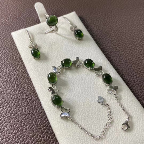 Set Natural Ciu Jade Fine Set Combo 925 Gelang Tatahan Perak Gelang Ukuran Diperpanjang Gelang 7*8.5mm Cincin 8*9.5mm Anting 7*8.5mm Sudah Termasuk Pajak Pengiriman