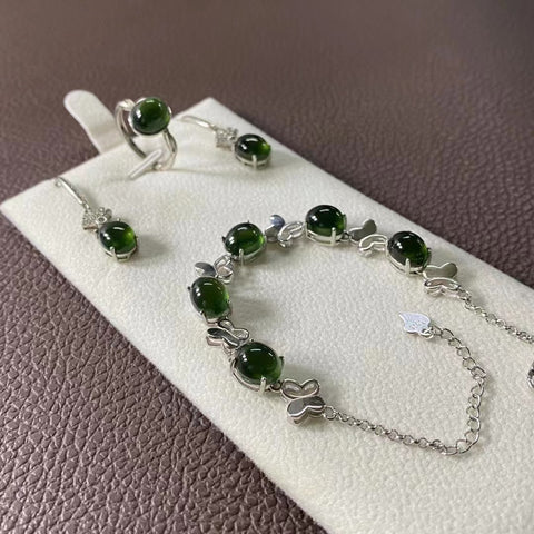 Set Natural Ciu Jade Fine Set Combo 925 Gelang Tatahan Perak Gelang Ukuran Diperpanjang Gelang 7*8.5mm Cincin 8*9.5mm Anting 7*8.5mm Sudah Termasuk Pajak Pengiriman