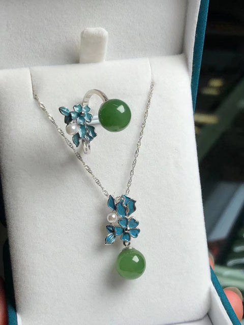 Set Berbunga Hotan Jasper Baru Ukuran 10 * 10mm 925 Warna Enamel Pengaturan Perak Halus dengan Hiasan Mutiara Alami Sudah Termasuk Pajak Pengiriman