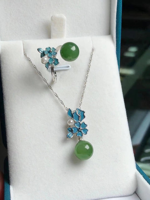 Set Berbunga Hotan Jasper Baru Ukuran 10 * 10mm 925 Warna Enamel Pengaturan Perak Halus dengan Hiasan Mutiara Alami Sudah Termasuk Pajak Pengiriman