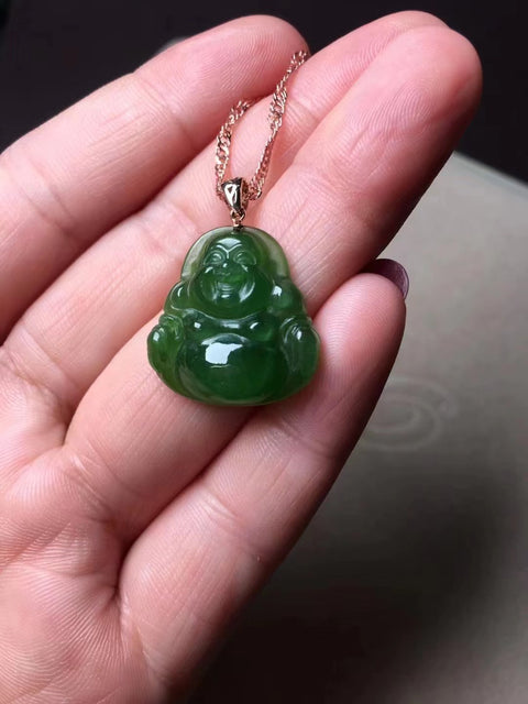 Batu giok Maitreya Buddha Jasper Rusia lubang tua dengan tatahan emas 18 karat yang halus dan hangat Ukuran 20 * 19mm Sudah termasuk ongkos kirim dan pajak.
