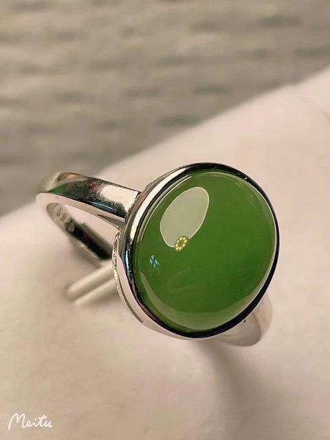 Cincin Hotan Jasper Giok yang Dapat Disesuaikan Giok Halus 925 Perak Pengaturan Indah Ukuran 10 * 12mm Indah untuk dipakai Termasuk pajak pengiriman.