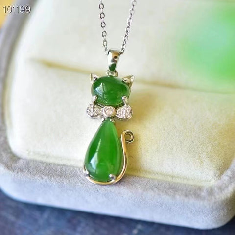 Set Kalung Hotan Jasper dalam Gaya Perak 925 Modis dan serbaguna Liontin anak kucing lucu Giok halus dan sederhana Ukuran 11 * 31mm Termasuk pajak pengiriman