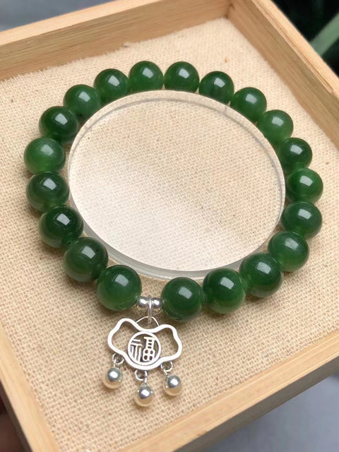 Untaian Hotan Jasper Ukuran 10mm dengan Aksesori Perak 925 Giok halus, hangat dan penuh air Sudah termasuk pajak pengiriman.