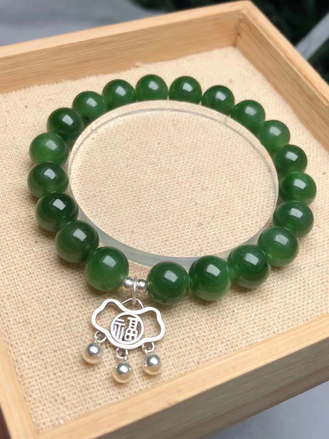 Untaian Hotan Jasper Ukuran 10mm dengan Aksesori Perak 925 Giok halus, hangat dan penuh air Sudah termasuk pajak pengiriman.