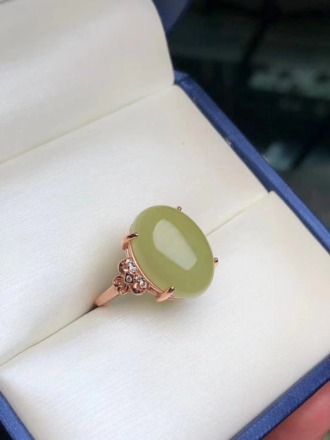 Cincin Mulut Kuning Giok Hetian Giok 925 Perak Pengaturan Struktur Giok Halus Ukuran Ketat 12 * 16mm Termasuk Pajak Pengiriman