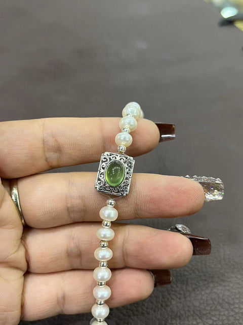 Gelang Gelang Mutiara Bertatahkan Perak Giok Kubik Segi Telur 9mm x 6mm Mutiara 6.5mm Giok bersih, halus dan hangat Termasuk ongkos kirim dan pajak