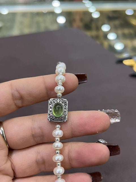 Gelang Gelang Mutiara Bertatahkan Perak Giok Kubik Segi Telur 9mm x 6mm Mutiara 6.5mm Giok bersih, halus dan hangat Termasuk ongkos kirim dan pajak