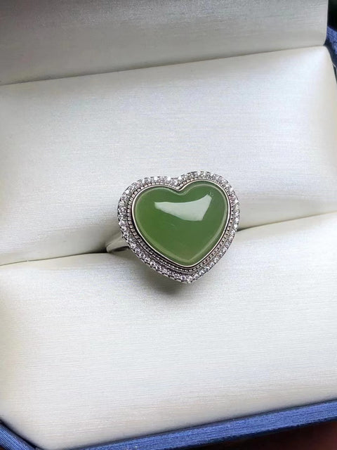 Cincin Giok Hetian Giok 925 perak tatahan giok bersih dan halus Ukuran 15 * 13mm Sudah termasuk pajak pengiriman