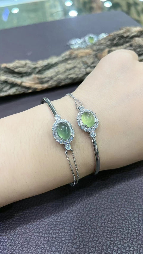 Plakat Tangan Setengah Gelang Setengah Rantai Giok Cui Jade 925 Tatahan Perak Ukuran 9.5 * 7.5mm Termasuk Pajak Pengiriman