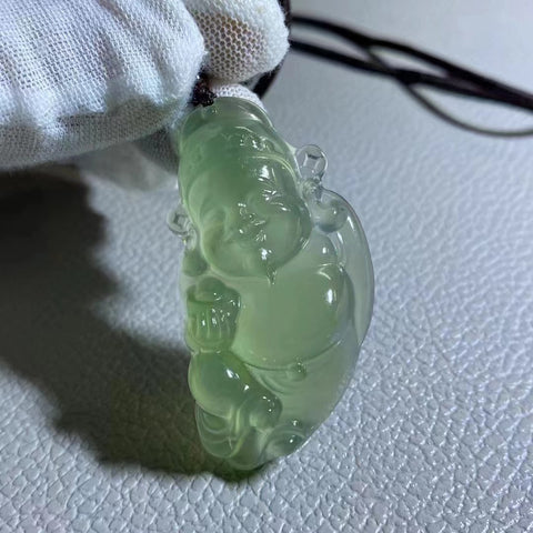 Liontin Hijau Es Giok Cui Jade Alami dengan Dewa Kekayaan Es Hijau Tembus Ukuran 28 * 53.3mm Sudah termasuk pajak pengiriman.