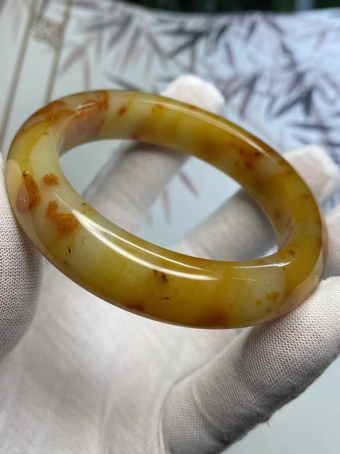 Gelang Gelang Batu Giok Cui Bunga Giok Alami Ukuran 57-59mm Lebar 14.4mm Batu giok terbentuk secara alami Pola acak Termasuk ongkos kirim dan pajak.