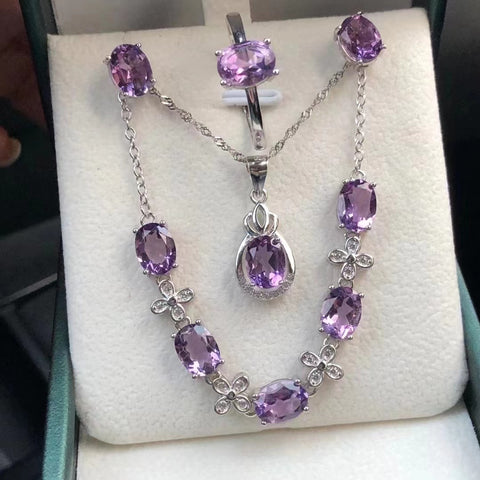 Butik Kecubung Set Cincin + Anting + Gelang + Kalung Catatan Ukuran 6 * 8mm 925 Perak Sudah Termasuk Pajak Pengiriman