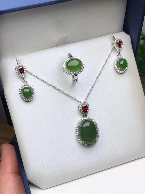 SET JASPER DARI PERAK 925 DENGAN GARNET FINE SET LIONTIN 16 * 12mm CINCIN 10 * 8mm ANTING-ANTING 8 * 6mm TERMASUK PAJAK PENGIRIMAN
